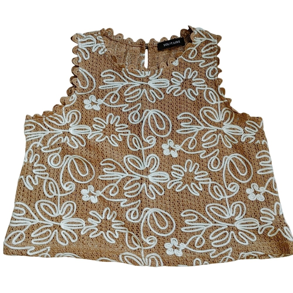 Boho Solitaire Tan White Floral Crop Crochet Tank Top Sleeveless Medium oversize